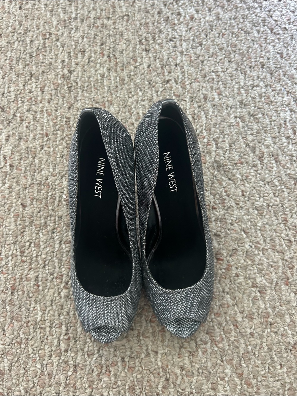 Nine West Silver Glitter Peep Toe Heels